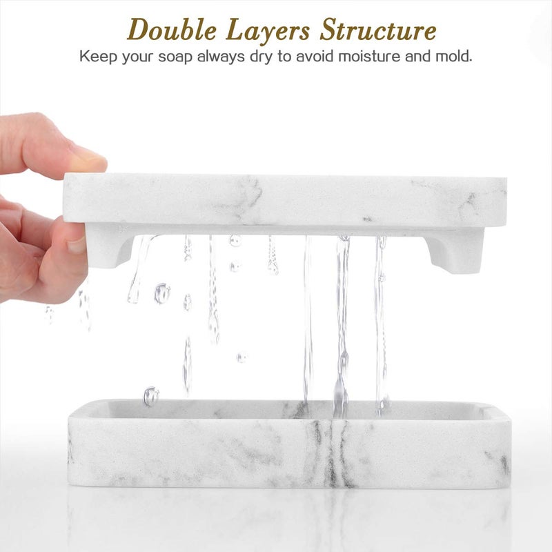 MoKo Soap Dish, Dual-Layer Resin Bar Soap Tray Container Box Case Holder with Detachable Slotted Draining Board Small Tray for Bathroom Kitchen Shower Bathtub Sinks Counter-top - White Marble - Image 2